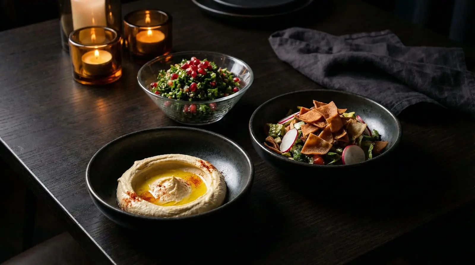 Dunya Lounge handcrafted mezze spread with hummus, tabbouleh, and fattoush