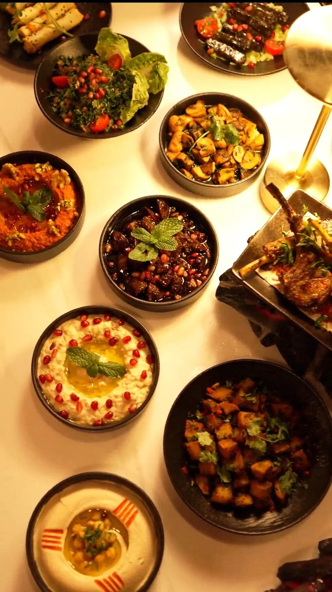 Overhead shot of a curated mezze selection with dips and flatbreads